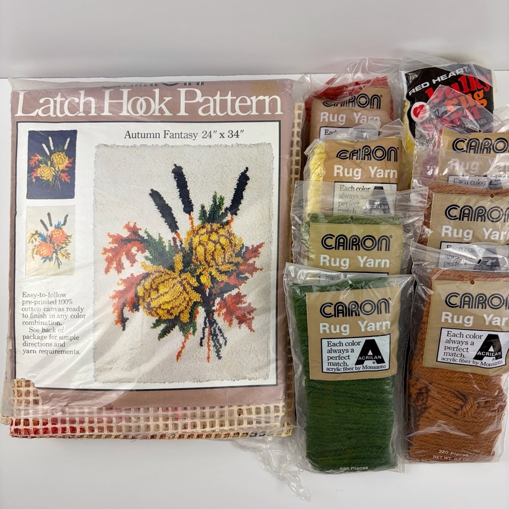Vintage 1977 Caron Latch Hook Canvas Pattern Autumn" Fantasy 24x34 in INCOMPLETE